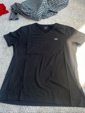 Lacoste Black V-Neck Short Sleeve Tee with Green Croc